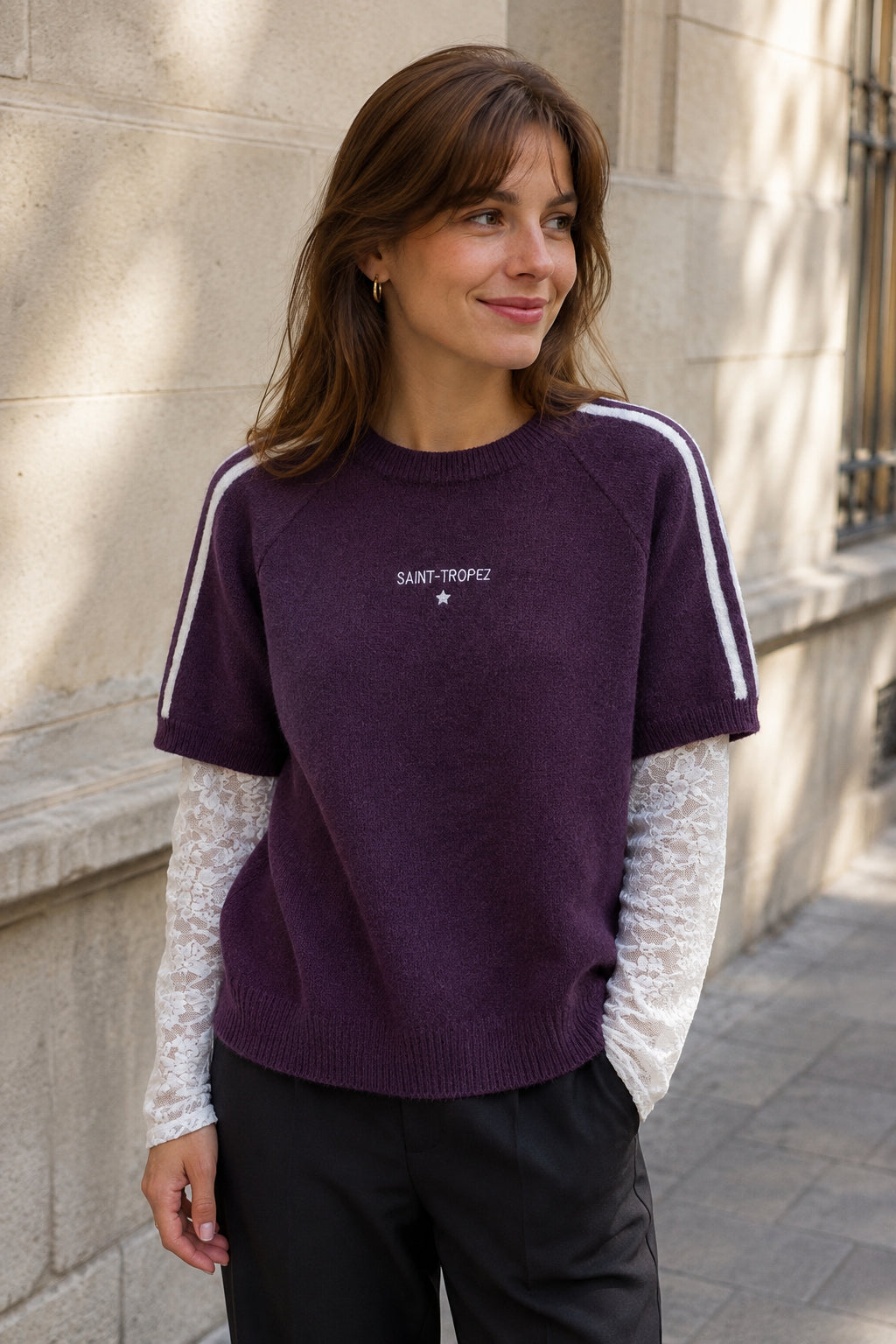 Pull femme superposition dentelle
