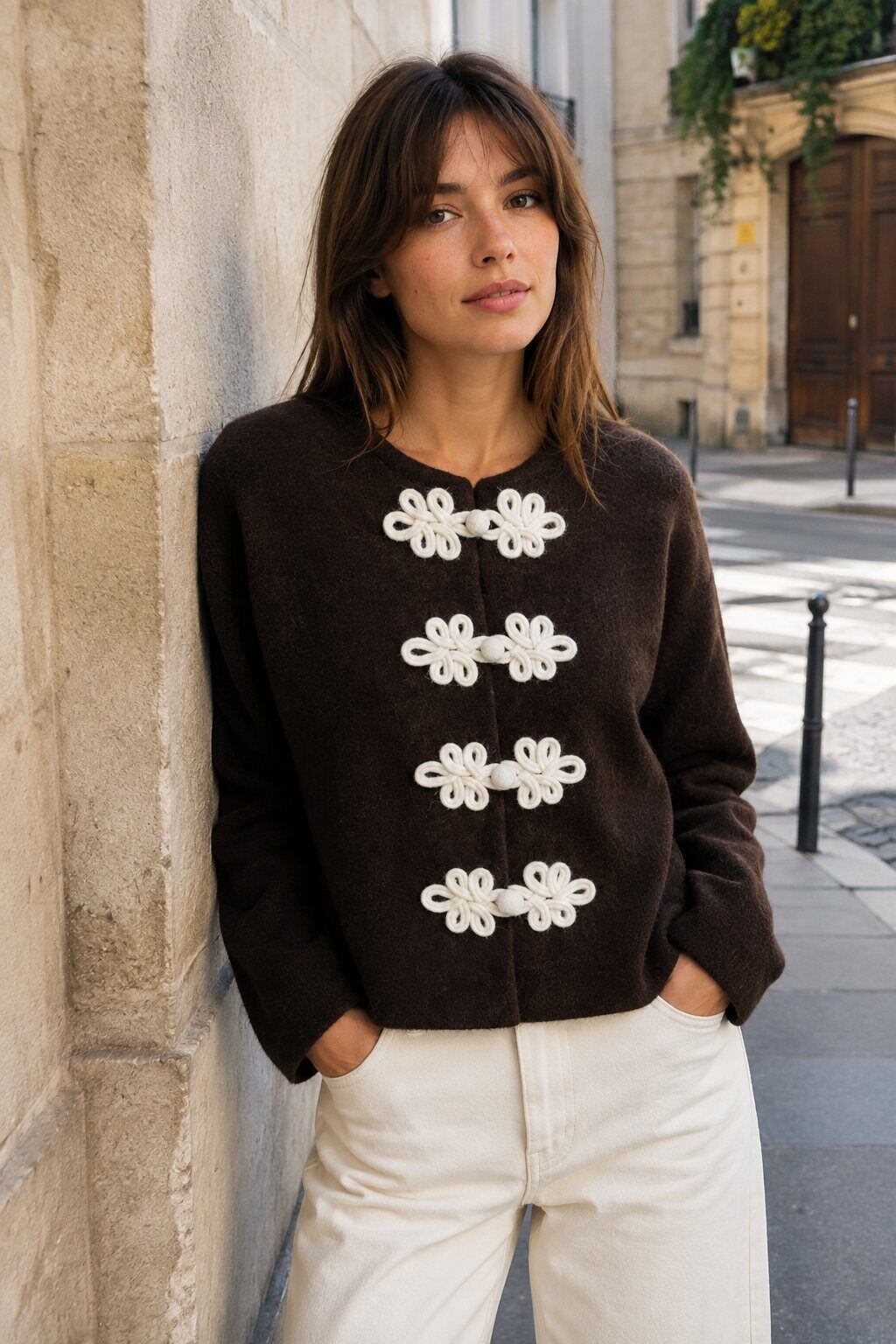 Gilet maille attaches fleur