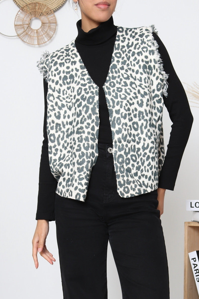 Gilet sans manches léopard à franges
