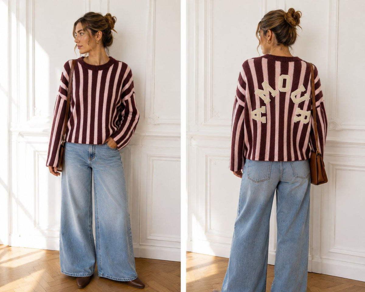 Pull maille rayé à message