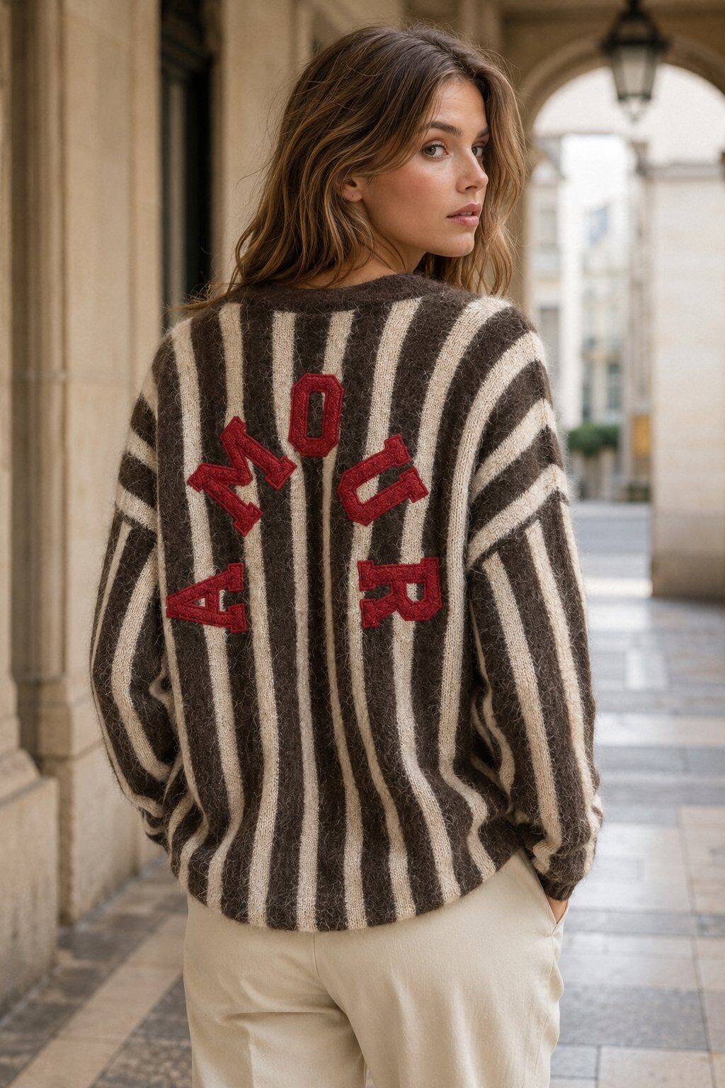 Pull maille rayé à message