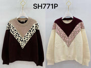 Pull maille V imprimé léopard