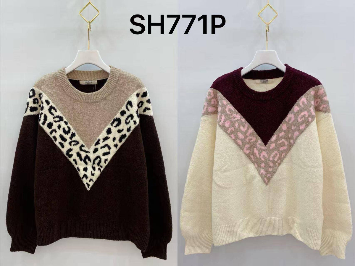 Pull maille V imprimé léopard
